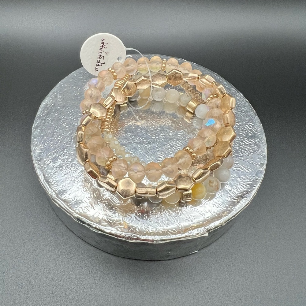 Elegant Gold and Cream Beaded Bracelet Set